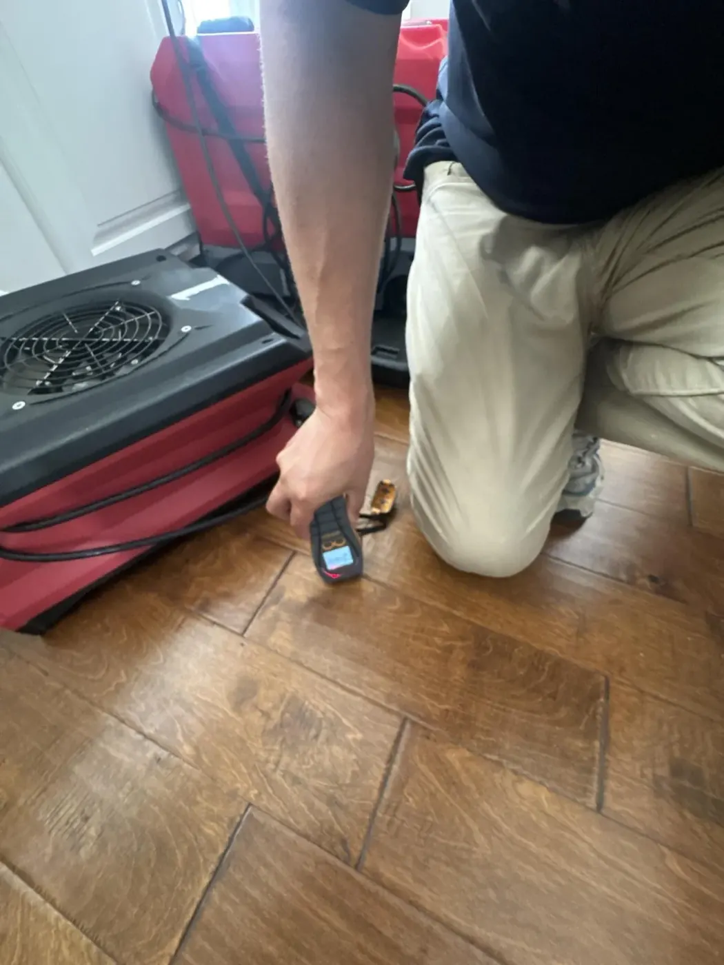 Technician taking a moisture meter reading on hardwood floors in Suwanee, GA